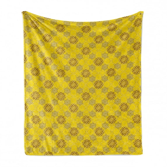 Yellow Damask Soft Flannel Fleece Blanket, Vintage Flourishing Swirly Flowers Spring Theme Romantic Pattern, Cozy Plush for Indoor and Outdoor Use, 60" x 80", Yellow Brown and White, by Ambesonne