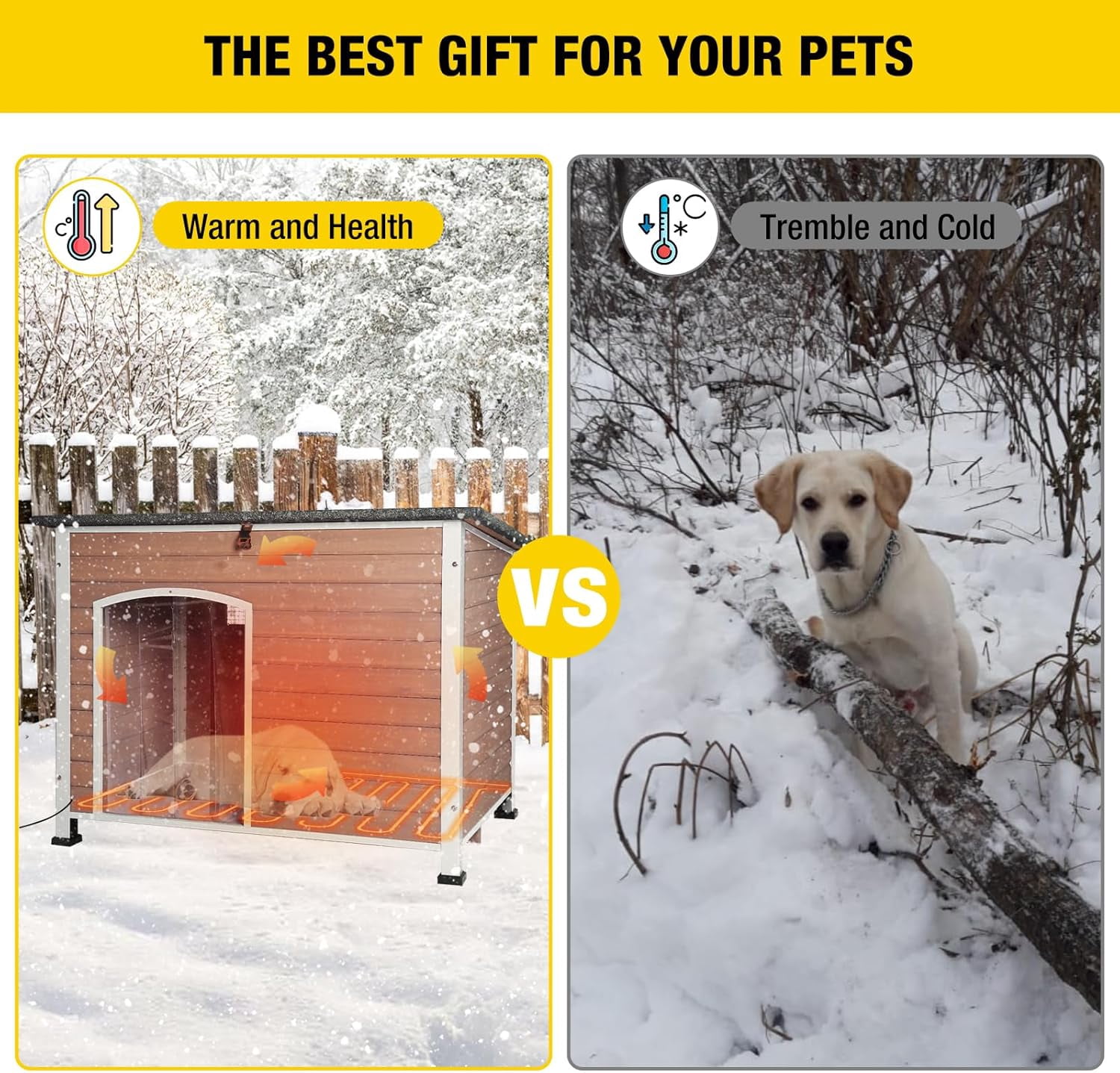 Aivituvin Insulated Heated Dog House with Insulated Liner & Heating Pad, All-Around Iron Frame Large Outdoor Dog House for Small & Medium & Large Dogs, Waterproof, Light Brown