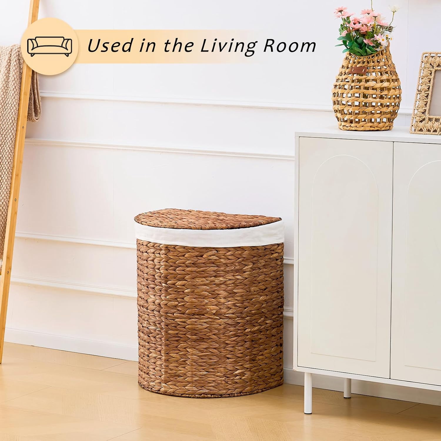 Casa Pura Furniture Espresso Half Round Wicker Laundry Hamper with Lid and 2 Removable Liner Bags, Handwoven Water Hyacinth Dirty Clothes Storage Basket