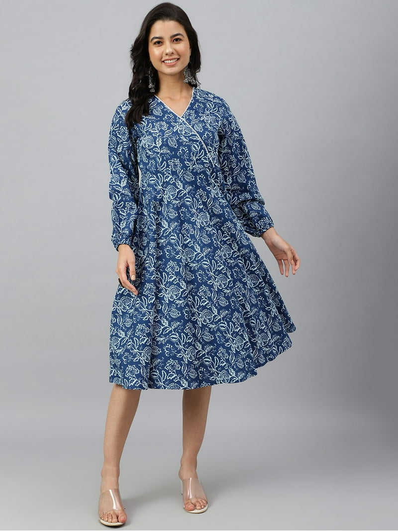 Janasya Indian Women's Navy Blue Cotton Floral Print Angrakha Western Dress  - Walmart.com