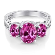 Gem Stone King 925 Sterling Silver Pink Created Sapphire 3-Stone Ring for Women | 3.60 Cttw | Oval 9X7MM and 6X4MM | Size 5