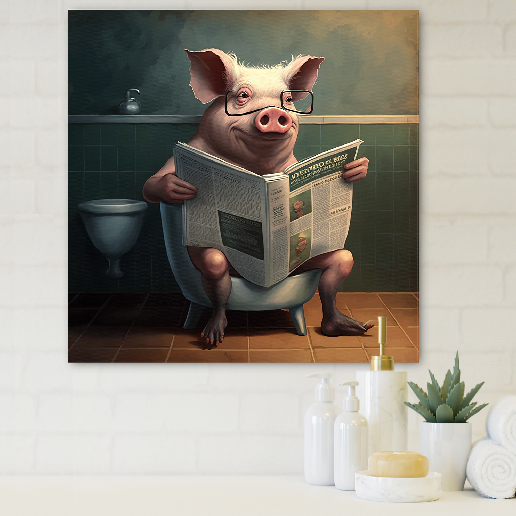 Designart Pig On Toilet Reading News Canvas Wall Art