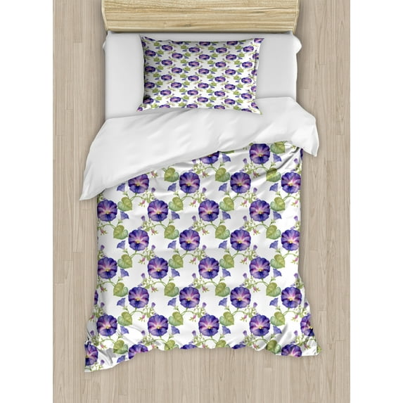 Floral Duvet Cover Set Twin Size, Romantic Vintage Style Soft Watercolor Garden Concept Purple Gramophone Orchids, Decorative 2 Piece Bedding Set with 1 Pillow Sham, Multicolor, by Ambesonne