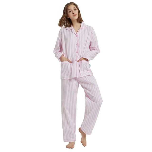 Apparonia Conjuntos de Pijama para Mujer Ropa de Dormir de Algodón Camisa de Manga Larga con Botones Al Frente y Pantalón Ropa de Dormir Cuello con Solapa Pjs Conjuntos de Descanso Rayas Rosas XL