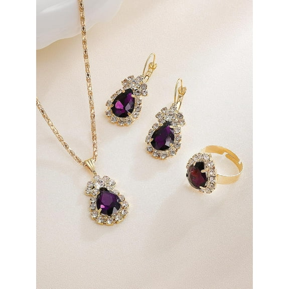 4Pcs Alloy Rhinestone Teardrop Pendant Necklaces & Earring & Rings Sets for Women Purple Necklace Earrings Set Teardrop Jewelry Set for Women Elegant Gifts DIY Jewelry Purple