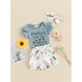 thumbnail image 3 of Bslissey Baby Girls 3Pcs Summer Outfits Short Sleeve Letter Print Romper + Flower Belted Shorts + Headband 3M 6M 12M 18M Newborn Infant Cute Short Pants Sets, 3 of 9