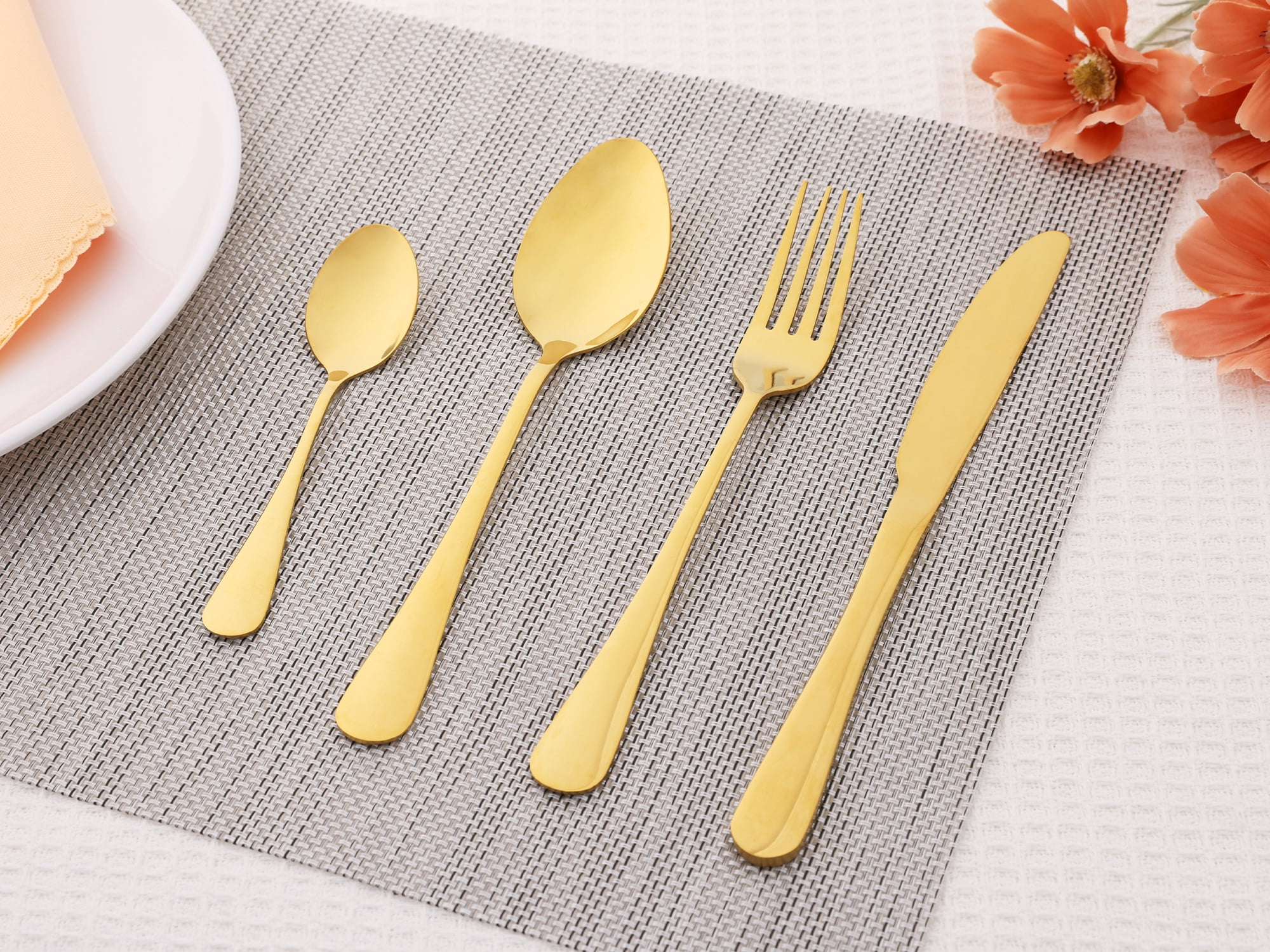 Unique Bargains 24 Pcs Stainless Steel Flatware Set with Supporting Shelf Gold