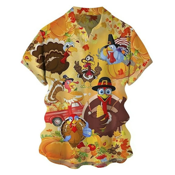 Mens Shirts Casual Thanksgiving Print Short Sleeve Button Down Lapel Tops Comfortable Versatile Shirts for Men Yellow L