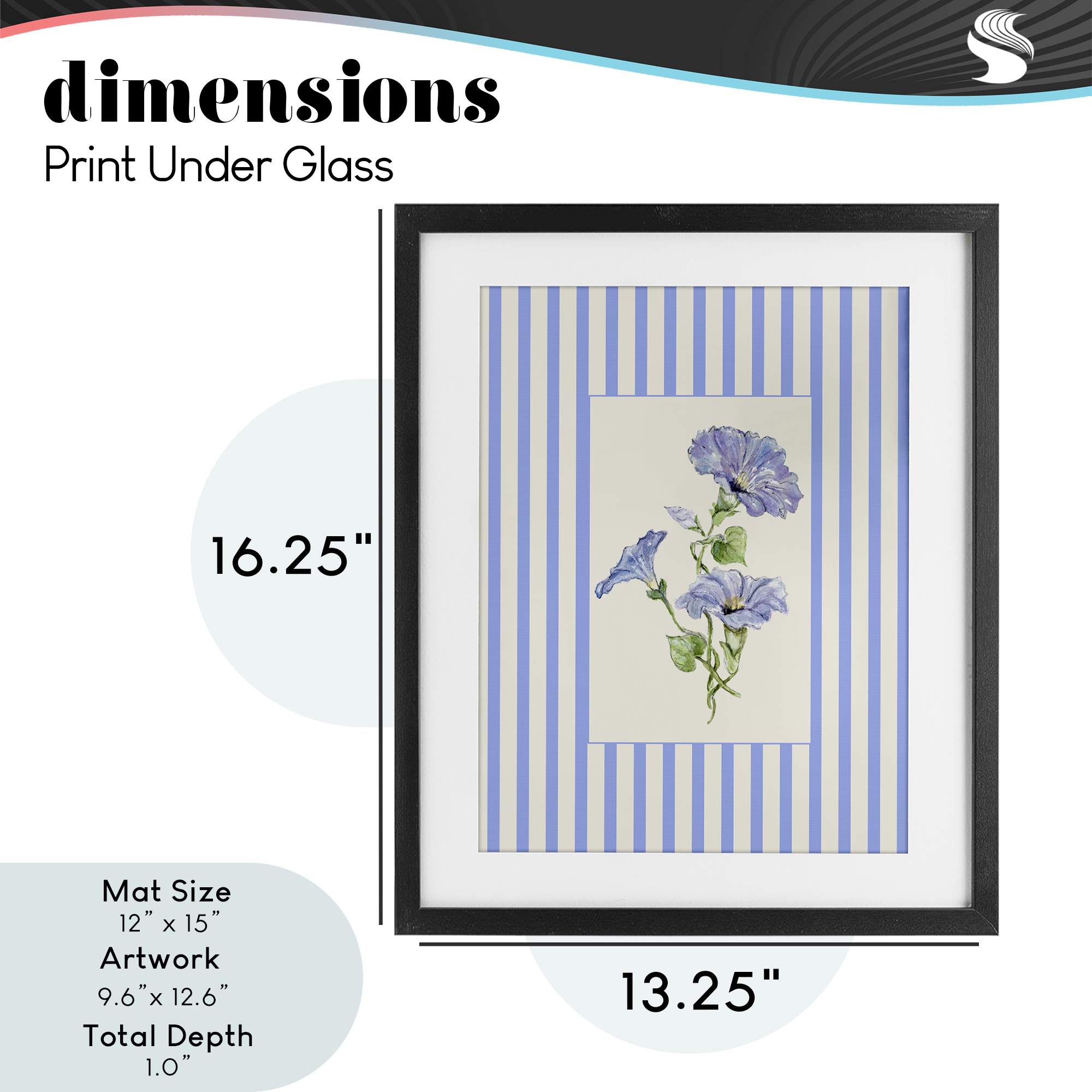 Blue Stripe Morning Glory Black Framed Print Under Glass, design by Lisa Wehmeyer