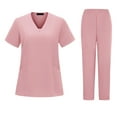 thumbnail image 2 of WULMLEO 2 Piece Scrub Sets for Women V Neck Petite Scrubs Outfits Stretch Short Sleeve Trendy Nurse Uniform Tops and Pants Medical Spring Soft Comfortable Nursing Workwear Pink XL, 2 of 4