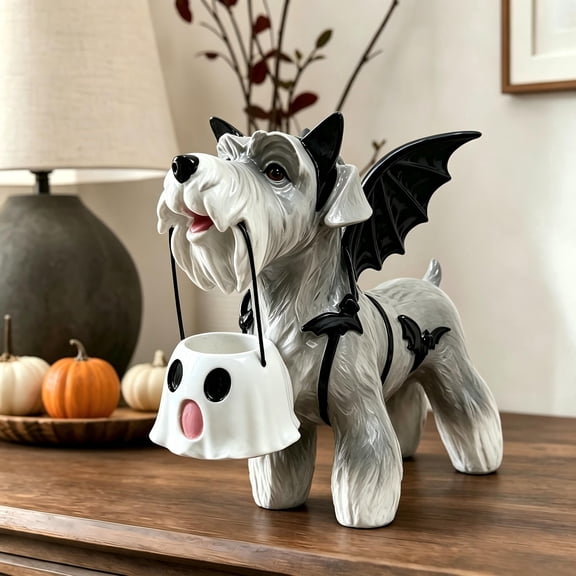 Halloween Schnauzer Bat Figurine with Ghost Bucket, Spooky Tabletop Decor, Cute Dog Statue for Mantel, Shelf, Home Halloween Party Decoration