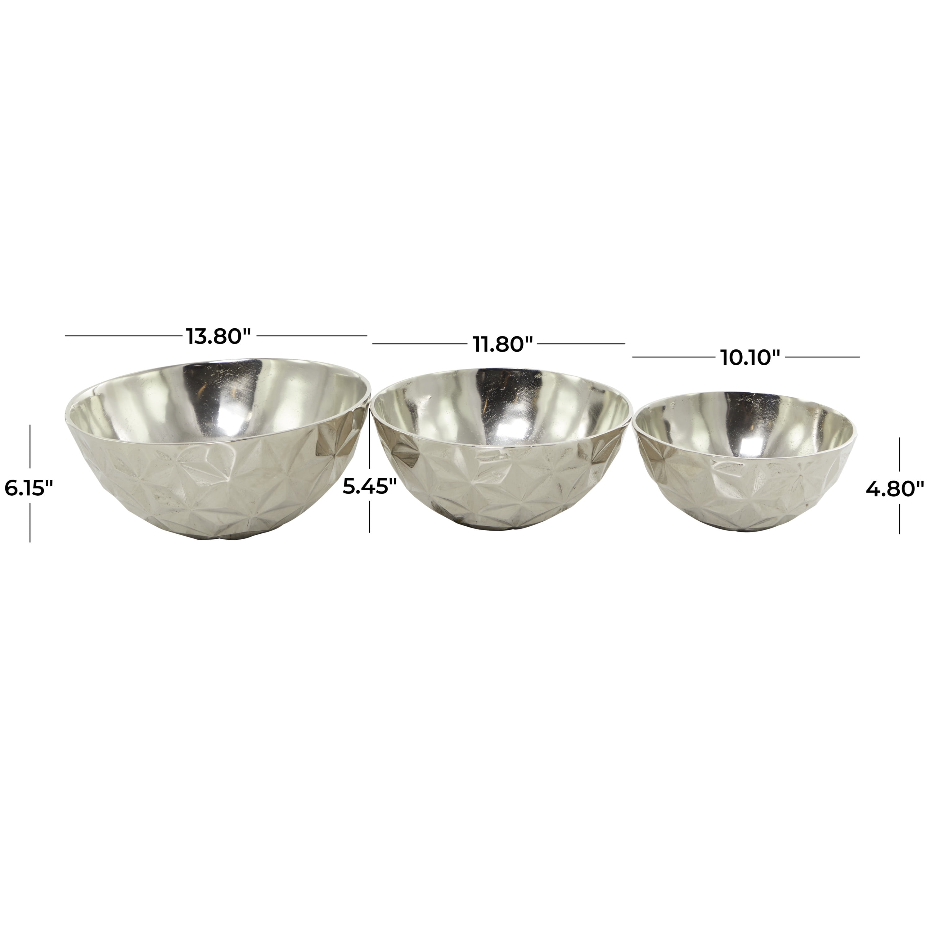 DecMode Modern Aluminum Round Shaped with Faceted Surface Decorative Bowl with Silver Glossy Interior Finish, Set of 3 14", 12", 10"