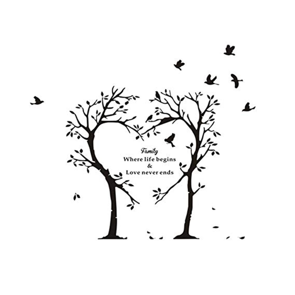 Black Love Heart Tree Birds Wall Sticker Family Words Pattern Waterproof Self Adhesive Carved Wall Decal