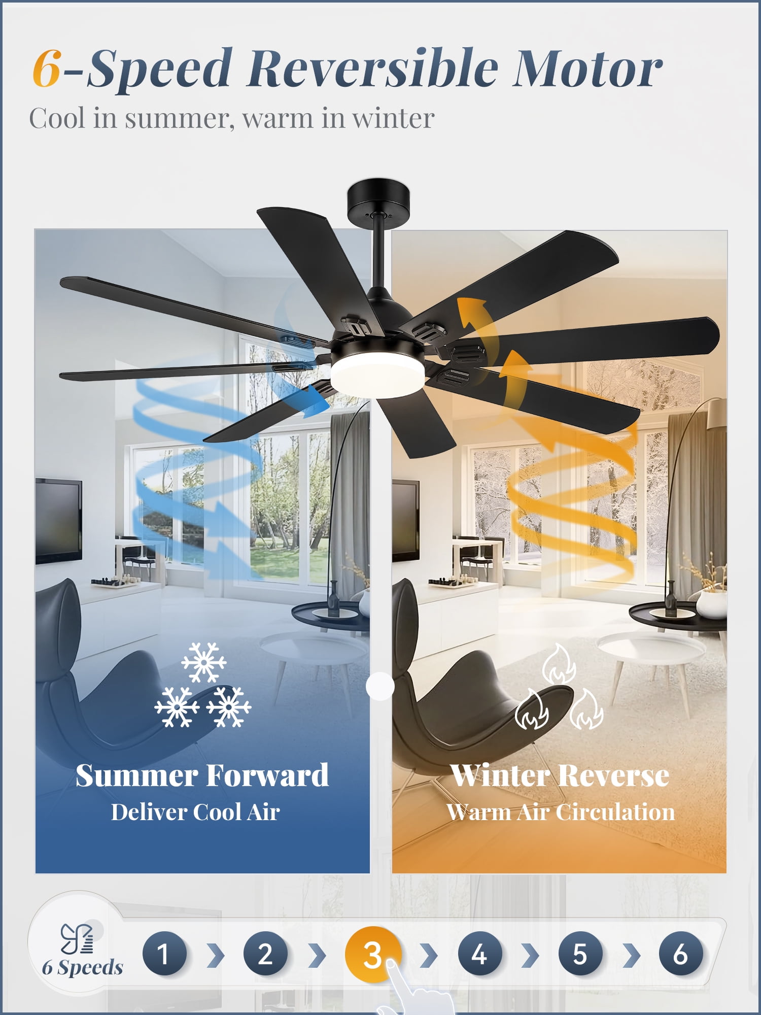 Zardon 62 in. Indoor Modern Ceiling Fan with Lights and Remote, Black, Dual-Finish, 8-Blade