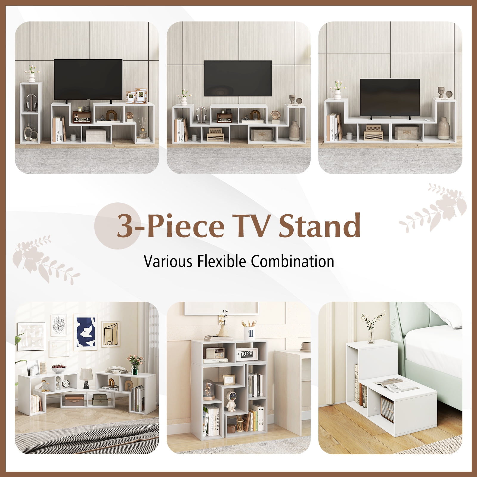 Costway 3 Pieces Adjustable TV Console Stand with 2 L-Shaped Shelve & Rectangular Shelf for TVs up to 65” Light White