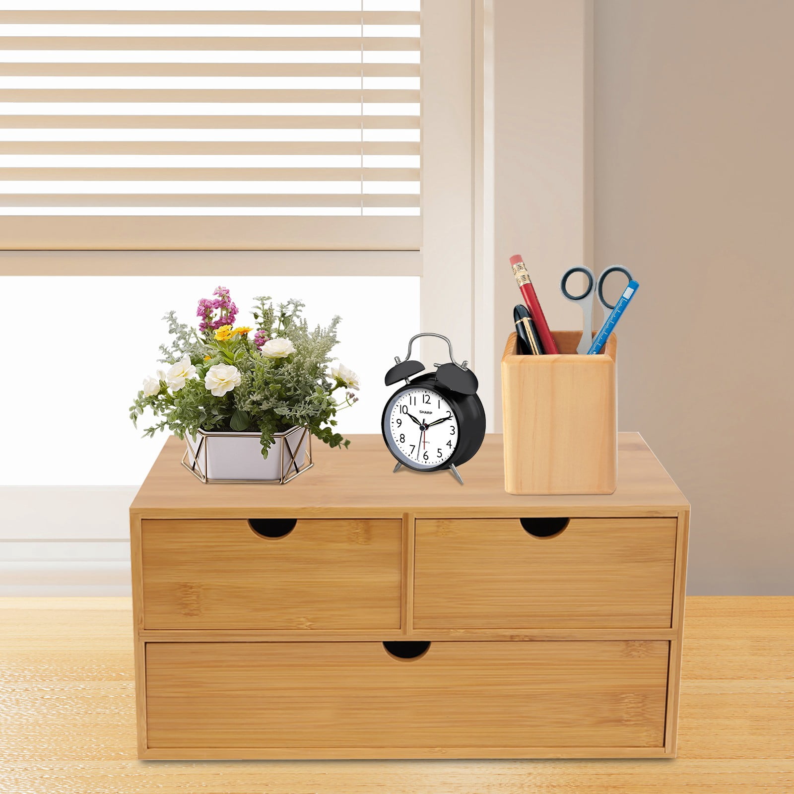 Natural Bamboo Desk Organizer with 3 Drawers - No-Assembly Desktop Storage for Home & Office