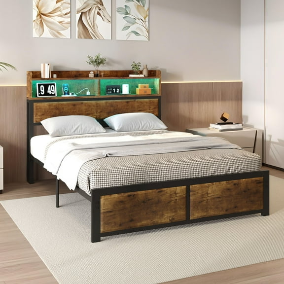 Uforic Full Size Bed Frame, LED Bed Frame with Storage Headboard, Platform Bed with Outlet & USB Ports, Easy Assembly, Rustic Brown