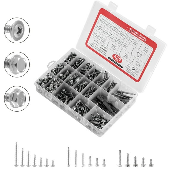 KFFKFF 420 PCS Self-Drilling Screws, Stainless Steel #8 #10 Assortment Kit for Metal and Wood, Phillips Truss Head & Hex Head Self-Tapping Screws, Lengths from 1/2 Inch to 2 Inch, Silver