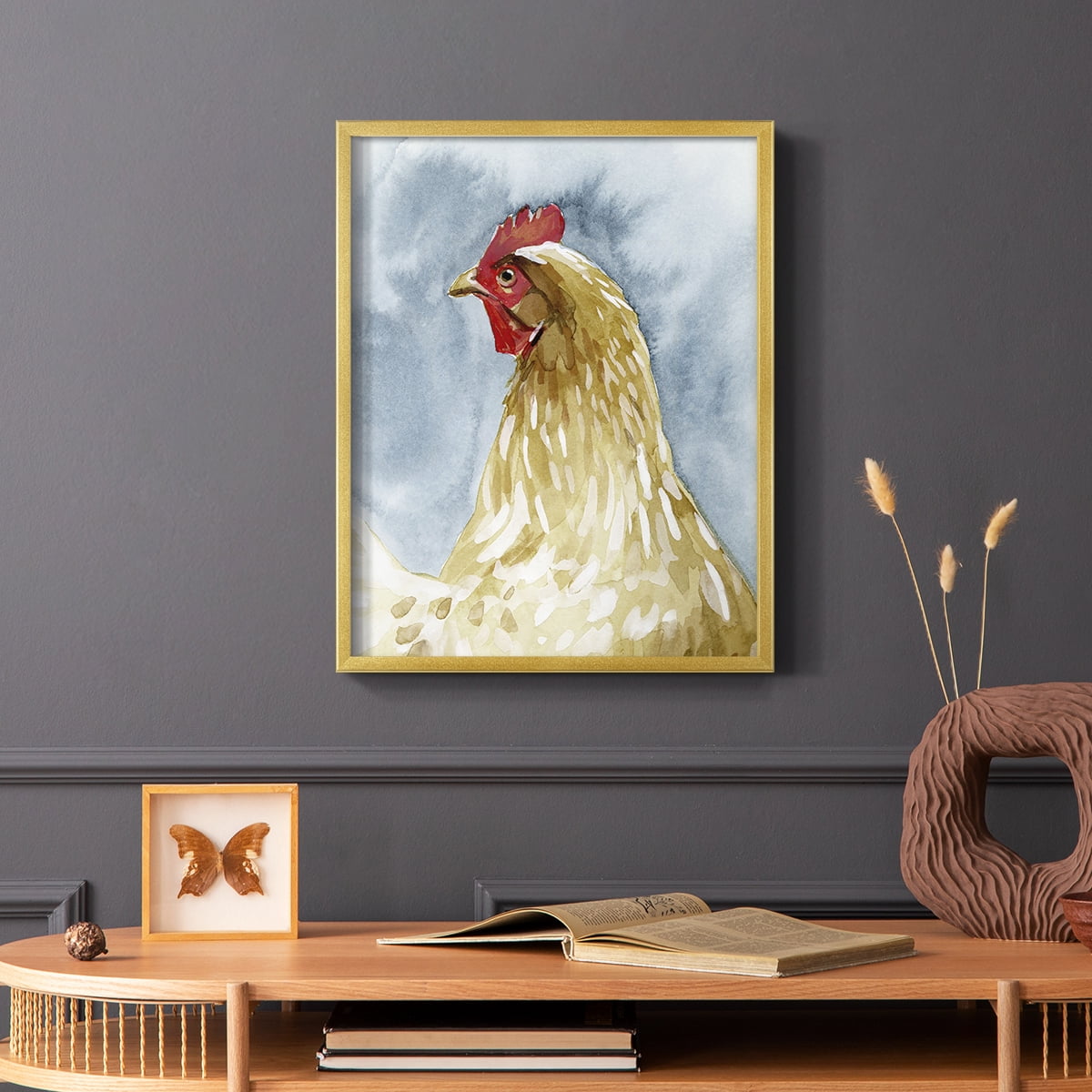 Chicken Portrait I Framed Print in Gold Solid Wood Framed Print No Nail Hanging