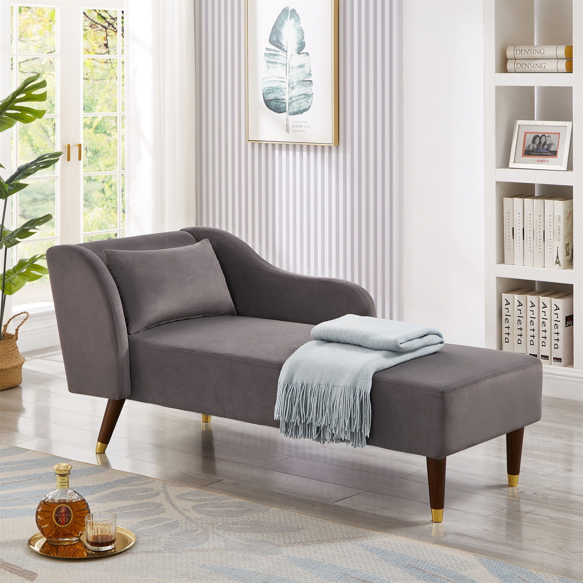Aukfa 58" Velvet Chaise Lounge Indoor Upholstered Sofa w/ Pillow for Living Room Bedroom, Gray
