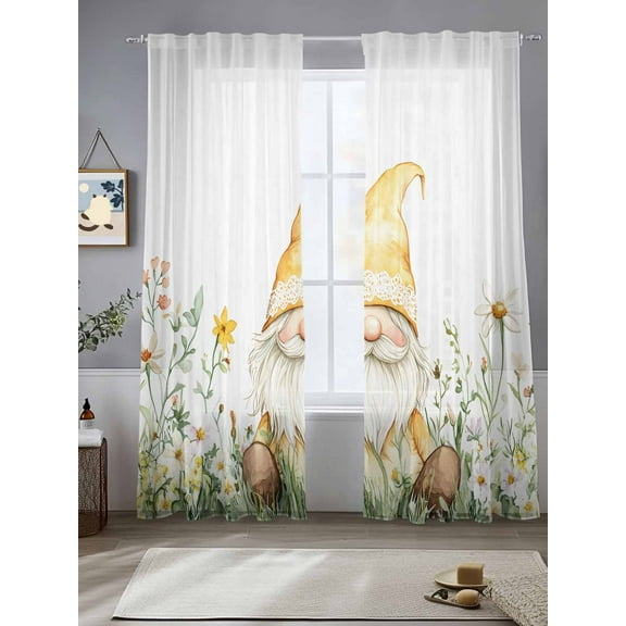 Yellow Gnomes Sheer Curtains for Living Room Bedroom Farmhouse Spring Floral Watercolor Sheer Curtains 84 Inch Long 2 Panels Set Light Filtering Curtain Window Treatments Drapes for Dining Room
