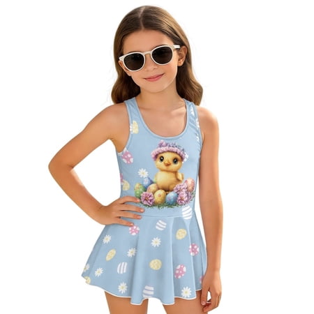 COEQINE Girls One Piece Swimsuit with Skirt & Attached Liner Comfortable Tank Top V-Back Swimwear with Skirt Bottom Cute Bathing Suit for Kids Age 6-7 Easter Chick Egg Blue