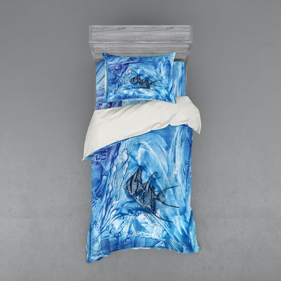 Ambesonne Blue Bedding Set 3 Pcs, Swimming Fish, Twin, Blue
