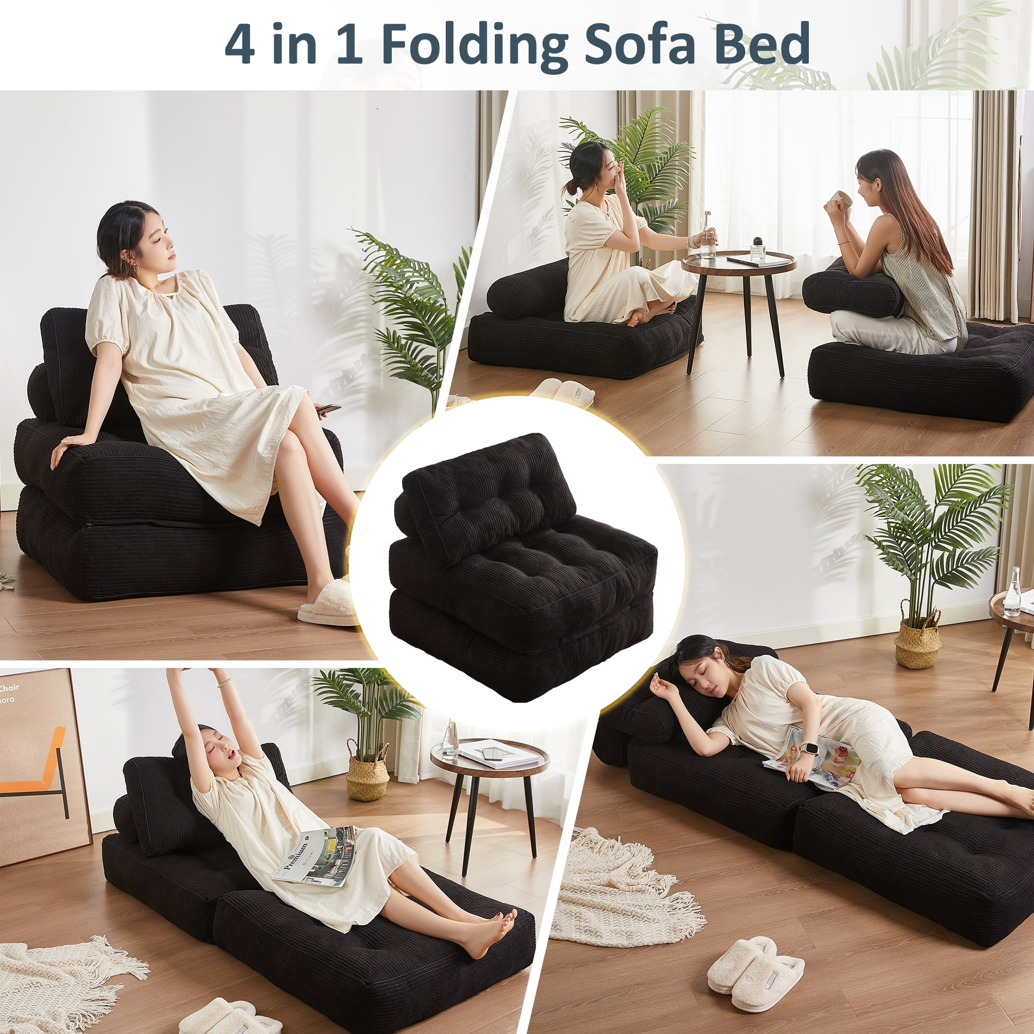 EJC Folding Sofa Bed - Convertible Futon for Homes & Small Spaces, Comfortable Portable Chair for Livingroom and Bedroom, Black