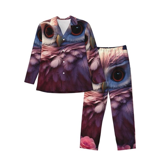 Balery Cute Flower Owl Pijama para Hombre de Dos Piezas con Manga Larga, Conjunto de Dormir y Descanso Suave con Bolsillos-Small