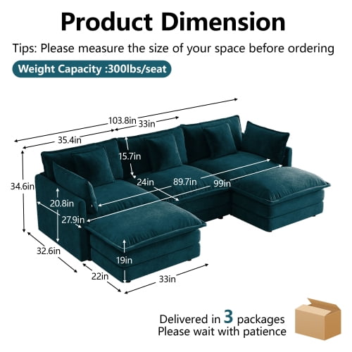 103.8" Chenille U-Shaped Sectional Sofa with Reversible Ottoman, 3-Seater Modular Couch with 2 Ottomans, Blue