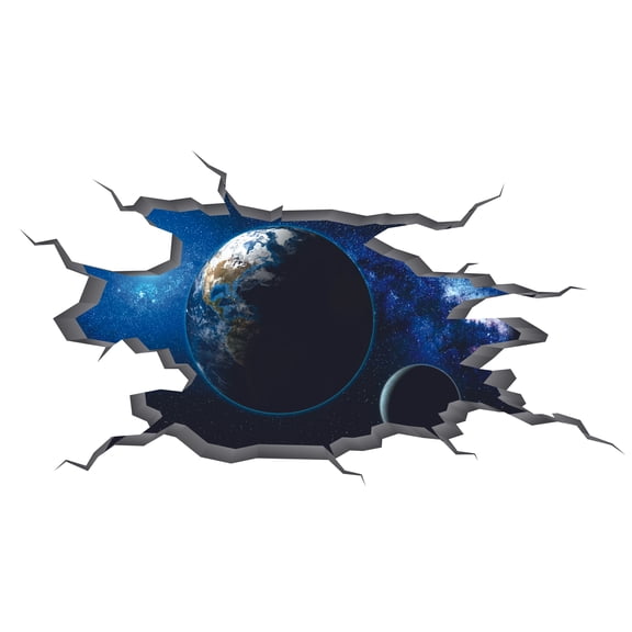 Adhesive Kids Bedroom Living Room Broken Wall Decor Outer Space View Wall Decal Design - 13" x 20" Vinyl Home Art Galaxy Earth Moon Planets Stars Decoration Astronomical Bodies Removable Sticker