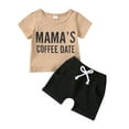 thumbnail image 1 of Qmyliery Newborn Boy Short Pants Outfits, Short Sleeve Letter Printed Crew Neck T-Shirt + Elastic Waist Tie-Up Shorts Set, 1 of 9
