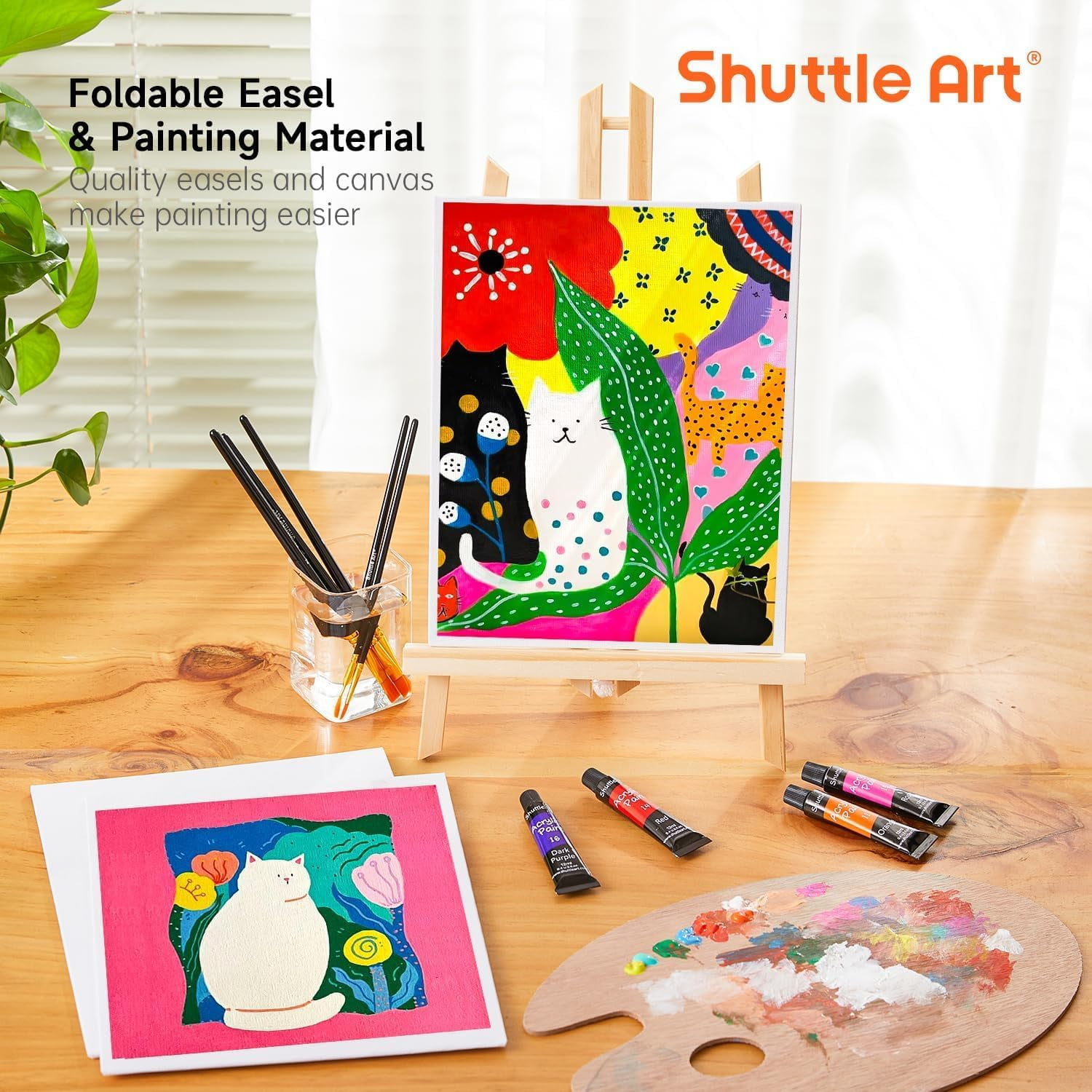 Shuttle Art 54 Pack Acrylic Paint Set, Acrylic Painting Set with 30 Colors Acrylic Paint, Wooden Easel, Painting Canvas, Paint Brushes, Palette, Art Painting Supplies for Adults Beginner Artists