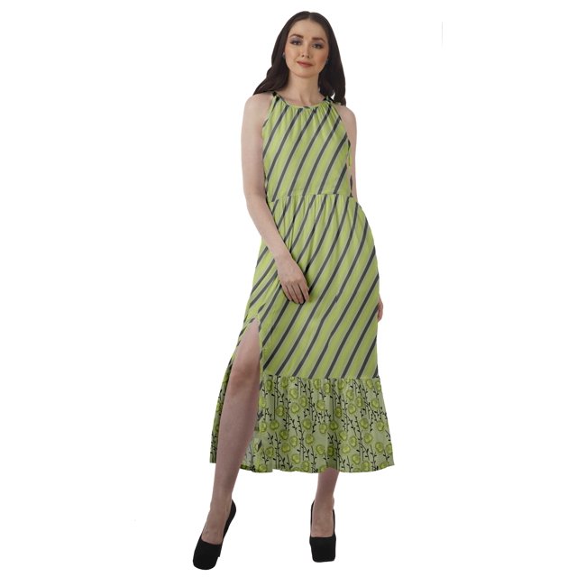 Moomaya Robe Maxi Sans Manches à Col Licou Imprimée avec Fente avant Robe d'Été pour Femme