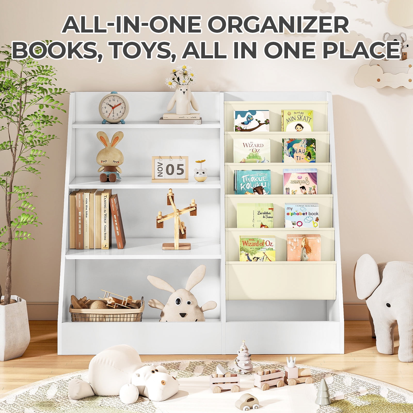 SUGIFT 4 Tier Kids Bookshelf, Kids Toy Organizer with 5 compartments, Bookcase for Children's Room, Playroom, White