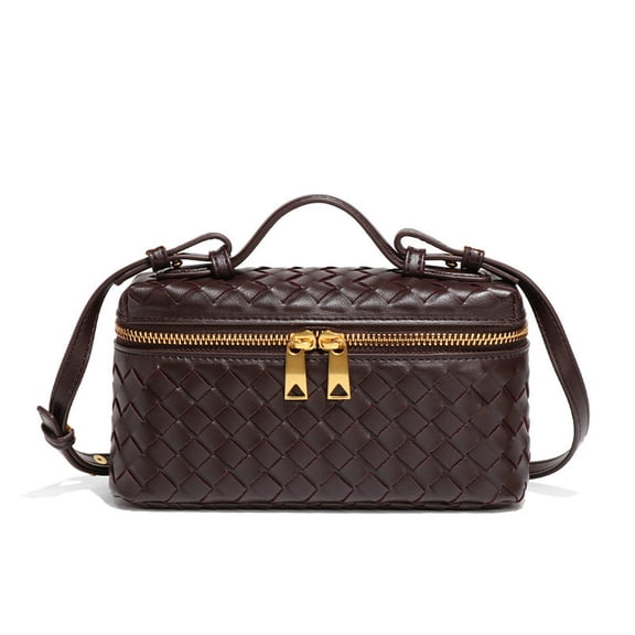 Coffee Woven Box Crossbody Handbag, Faux Leather Mini Vanity Purse with Top Handle