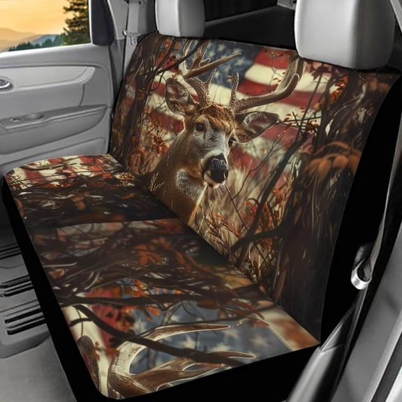 ZEN Hunting Deer Car Seat Covers for Women Men Rear Bench Seat Cover American Flag Car Accessories Universal Saddle Blanket Seats Protective Cover Fit Trucks SUV Van, 2 Pcs Set