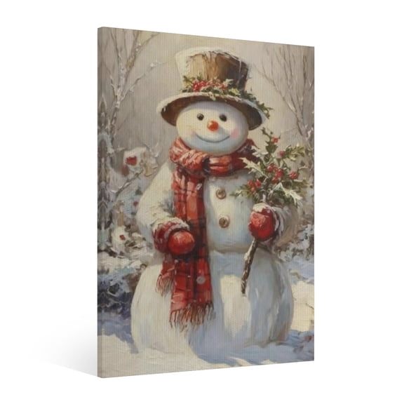 Vintage Christmas Snowman Scene Wall Art Paint - Xmas Festive Winter Holiday Christmas Wall Decor Canvas for Living Room Kitchen Bathroom Home Bedroom Decor Framed