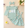 thumbnail image 2 of Liacowi 3pcs Baby Girls Birthday Outfits Set Long Sleeve Ruffle Letter Print Romper Tops + Daisy Print Suspender Skirt + Headband Set, 2 of 9