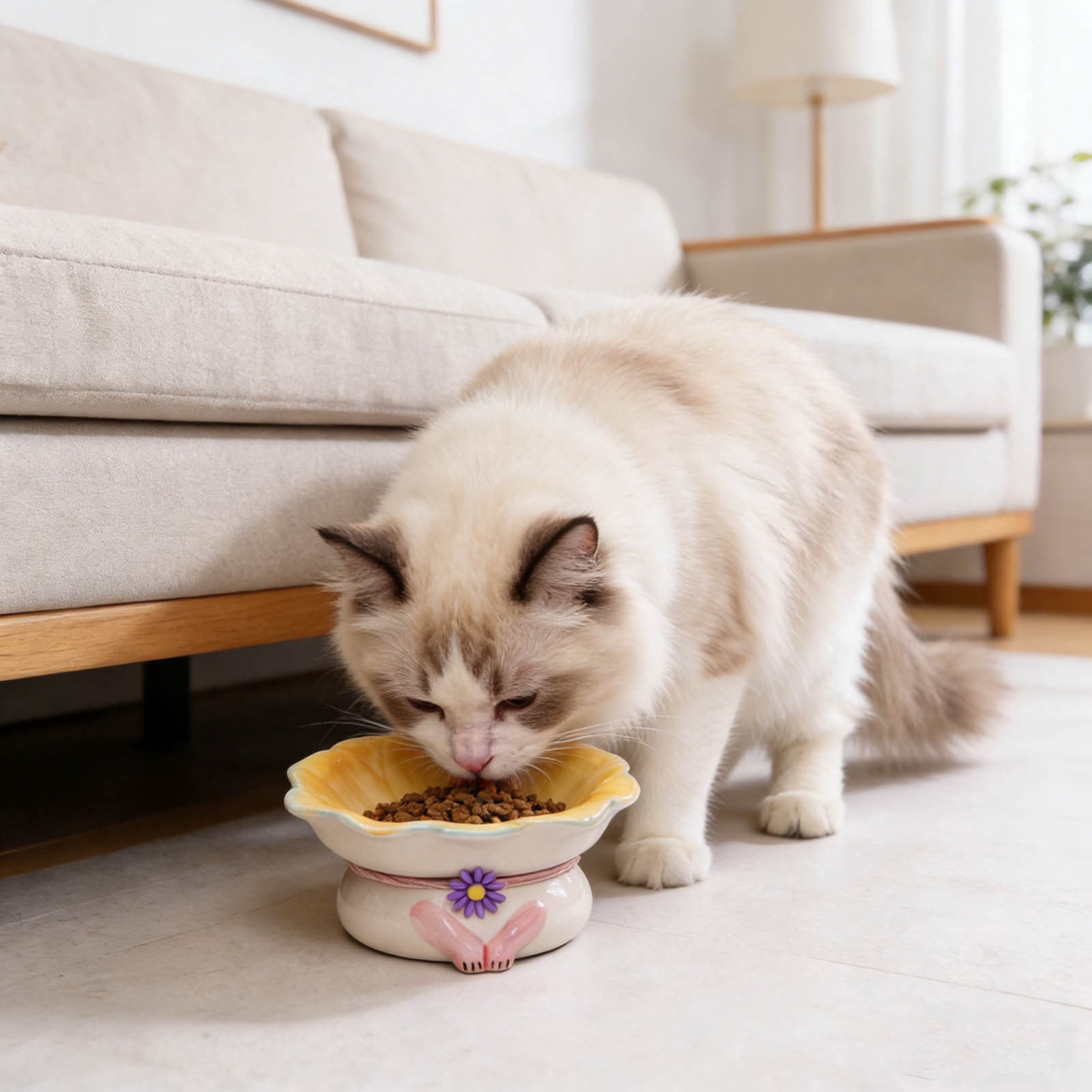Elevated Ceramic Pet Bowl 15 Angle Shallow Dish Design for Improved Digestion and Spinal Health in Cats and Dogs