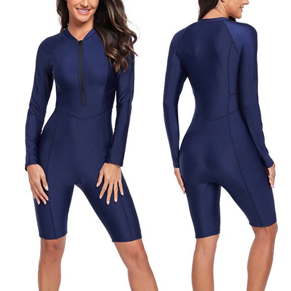 CHENge Women's Solid Color Long Sleeve Rash Guard, Half-Zip Knee Length Swimsuit, Modest UPF 50 Swimwear for Curvy Ladies