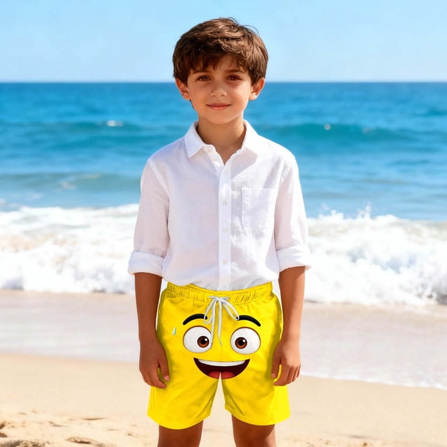 Pantalones cortos de playa para niños y niñas, de color liso, con estampado de expresión, transpirables y con bolsillos, para verano