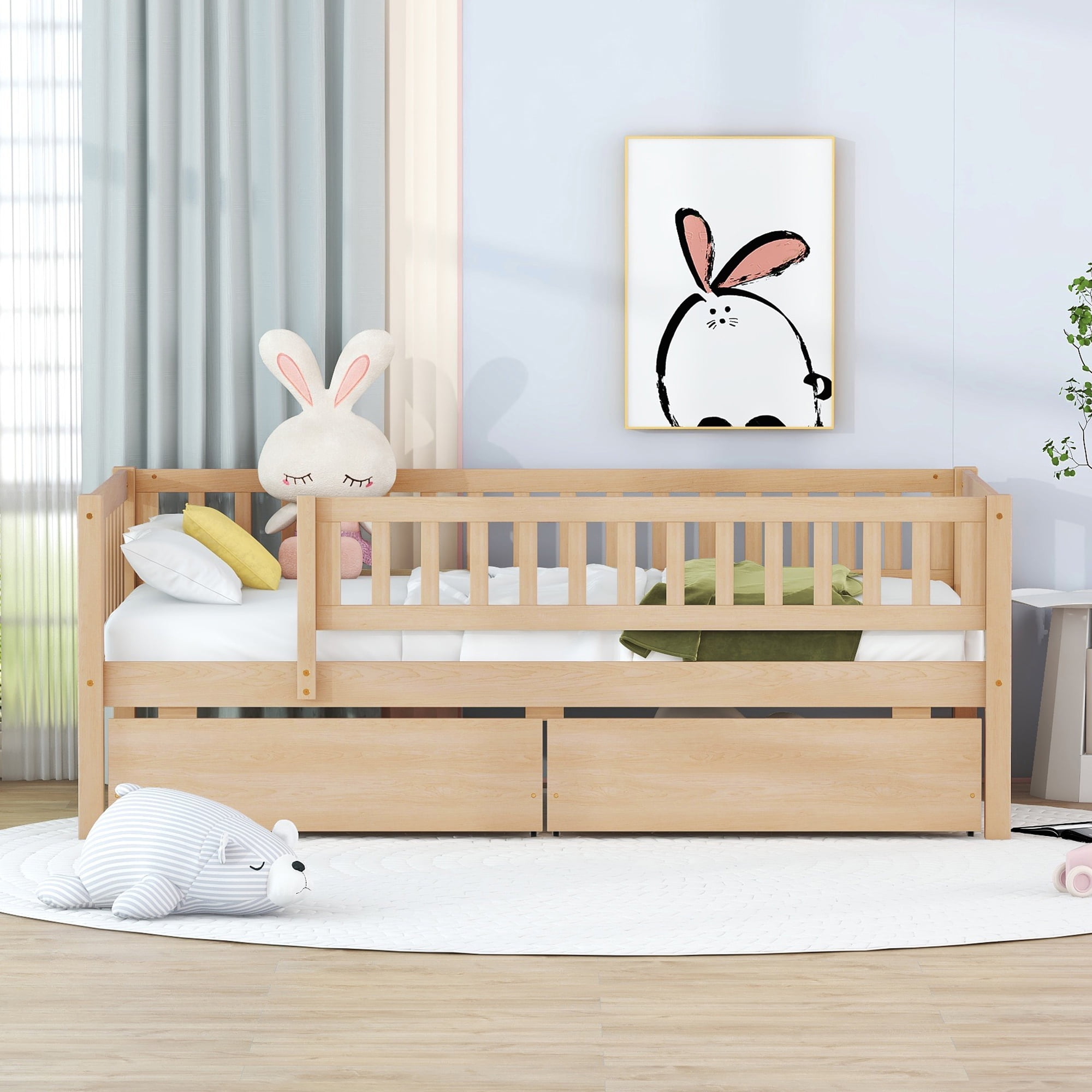 Holaki Twin Size Wood Bed with Guardrails and 2 Storage Drawers for Kids, Natural