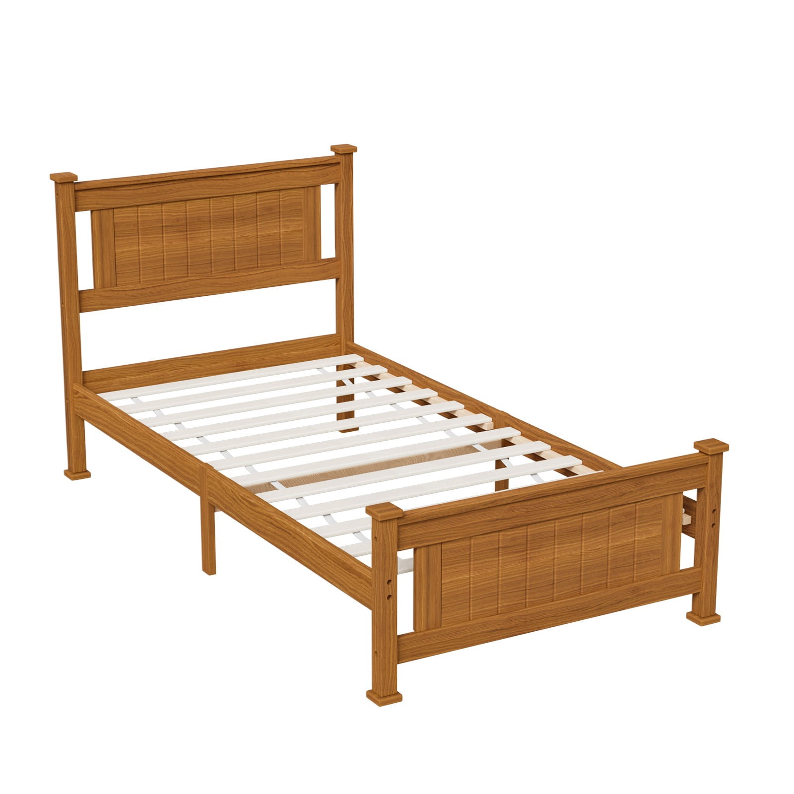 Zimtown Twin Bed Frame,Solid Pine Wood Platform Bed Frame, Bedroom Bed with Headboard, Brown