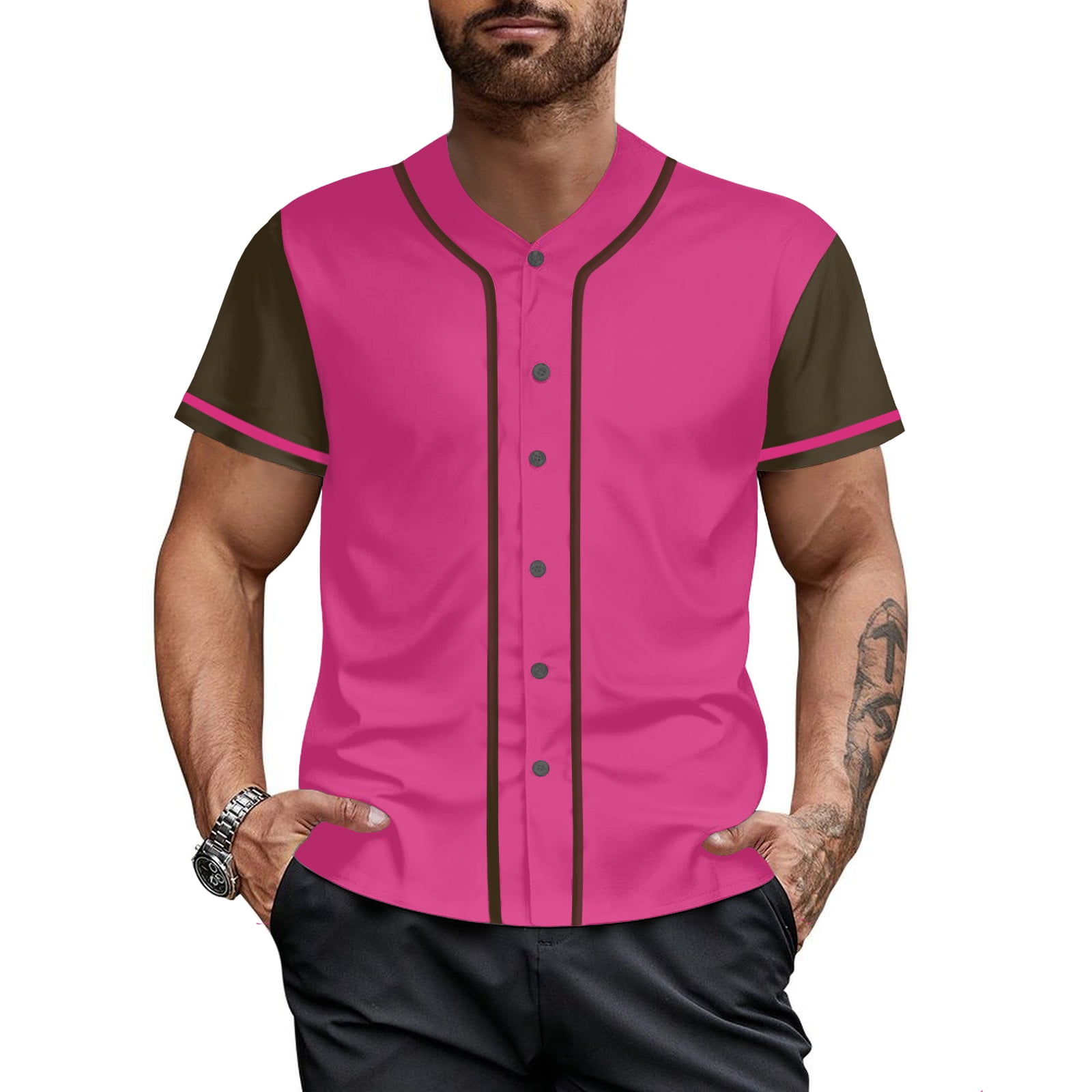 【超お買い得!】 Pink Baseball Jersey for Men Hip Hop Hipster Button Down Clothing