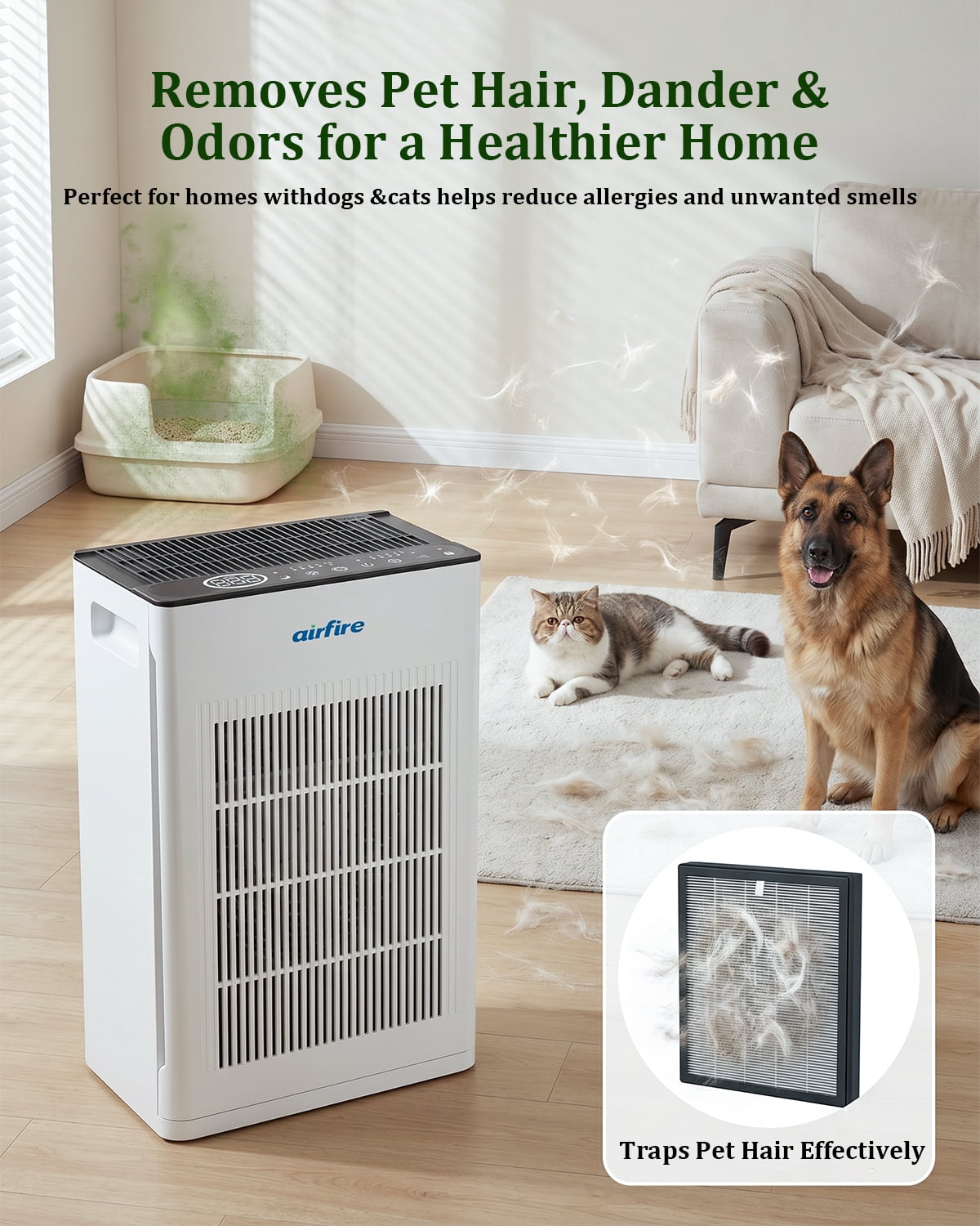 AIRFIRE Air Purifier for Pets Large Room Up to 1475 Sq.Ft, HEPA H14 Filter for Pet Hair Dander Odor, Quiet Sleep Mode 22dB, Air Cleaner for Home Bedroom Pet Area, AP309