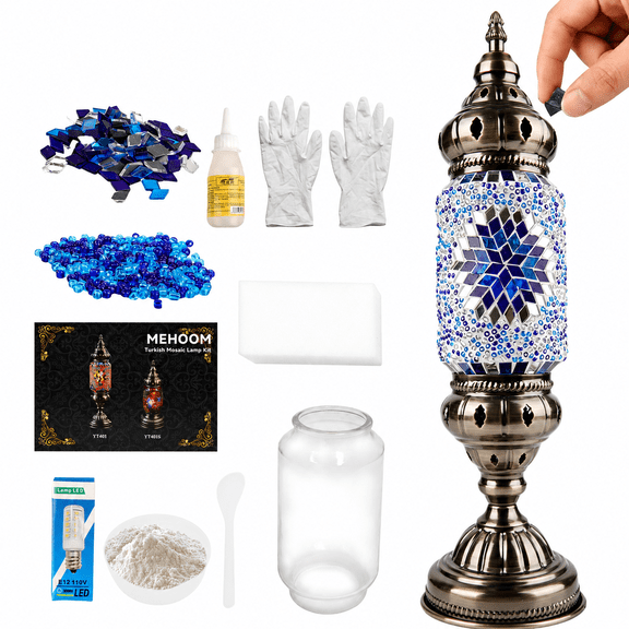 MEHOOM DIY Mosaic Lamp Kit, Turkish Crafts Kit for Adults, Luxury Moroccan-style Decor, Table Lamp for Bedroom Ambiance, Perfect Gift for Her or Him (Serenity Blue)