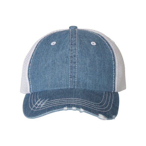 Mega Cap Herringbone Contrast Stitch Trucker Cap, Adjustable, Blue Denim-White