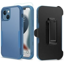 TJS Phone Case for iPhone 13 Case with Tempered Glass Screen Protector, Belt Clip Holster Heavy Duty Rugged Shockproof Full Body Protection Cover (Blue)