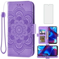 Compatible with Motorola Moto G Pure 2021 Wallet Phone Case and Tempered Glass Screen Protector Flip Credit Card Holder Stand Mandala Flower Cell Cover for MotoGPure MotoG XT2163DL 6.5 Women Purple
